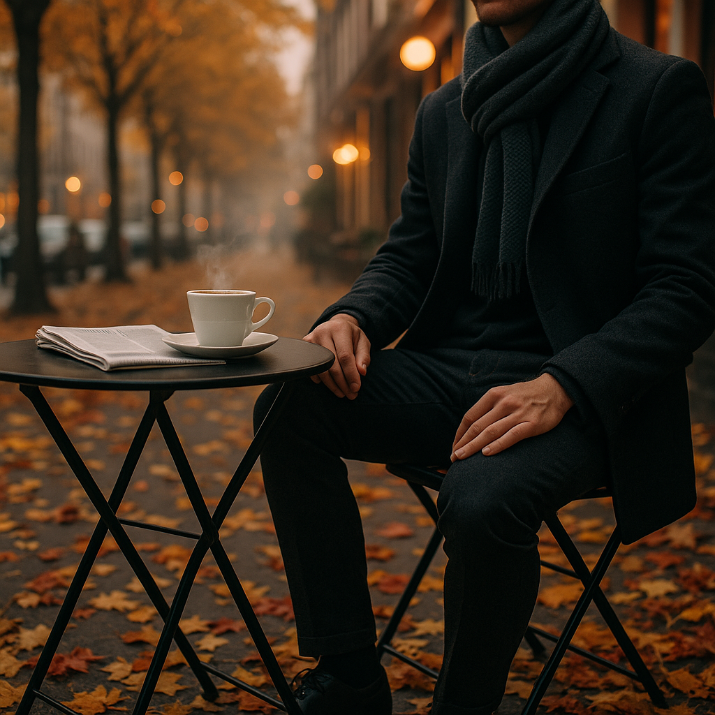 Man in wool coat at outdoor café with coffee in autumn, representing the best fall perfumes for men.