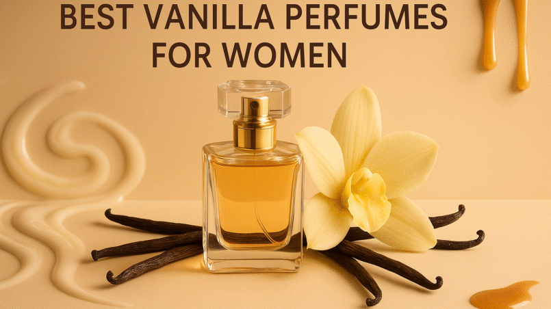 Best Vanilla Perfumes for Women – luxury perfume bottle with vanilla pods, orchid flower, and creamy textures on beige background