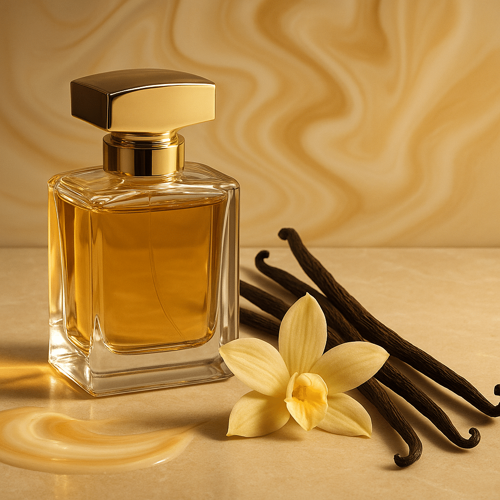Best Vanilla Perfumes for Women – luxury perfume bottle with vanilla pods and orchid on a beige background.