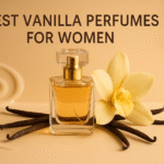 Best Vanilla Perfumes for Women – luxury perfume bottle with vanilla pods, orchid flower, and creamy textures on beige background