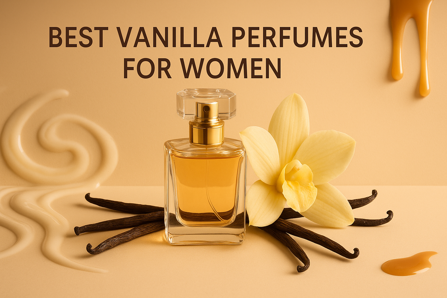 Best Vanilla Perfumes for Women – luxury perfume bottle with vanilla pods, orchid flower, and creamy textures on beige background