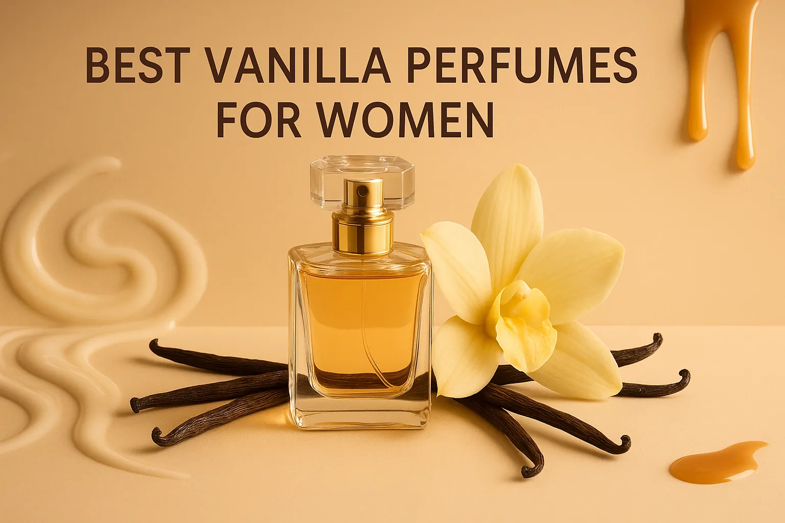 Best Vanilla Perfumes for Women – luxury perfume bottle with vanilla pods, orchid flower, and creamy textures on beige background