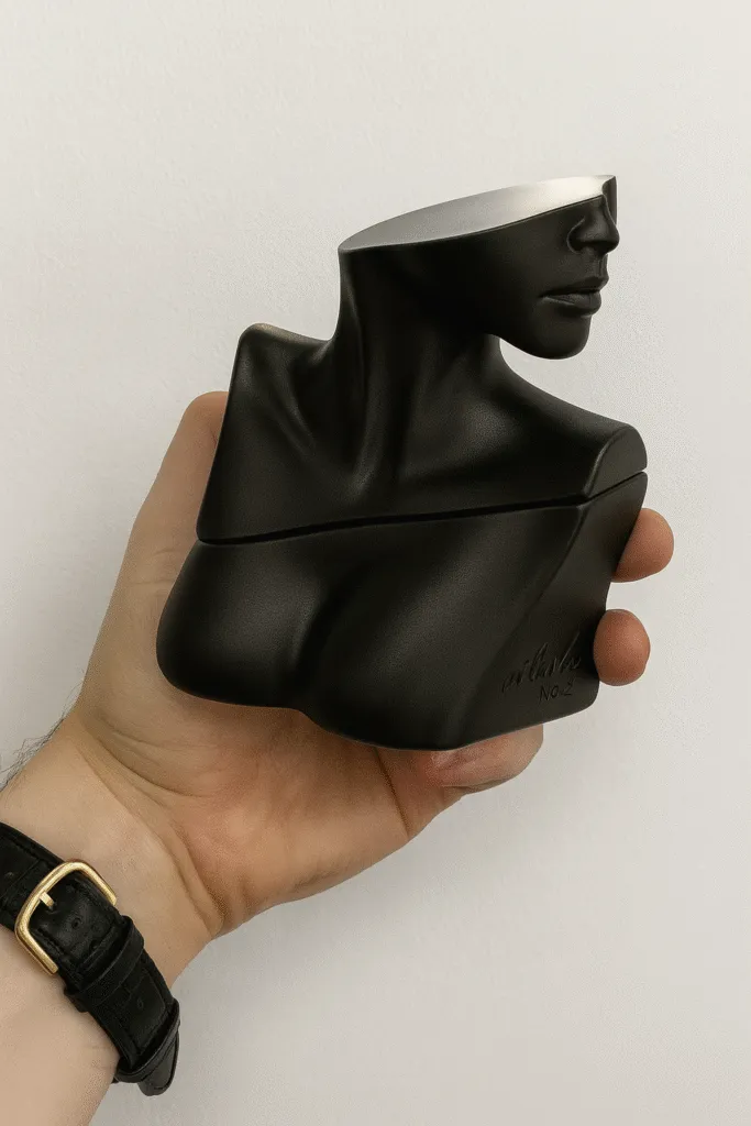 Hand holding the Billie Eilish Eilish No. 2 perfume bottle, a matte black torso-shaped design featured in the Billie Eilish Fragrance Buying Guide.