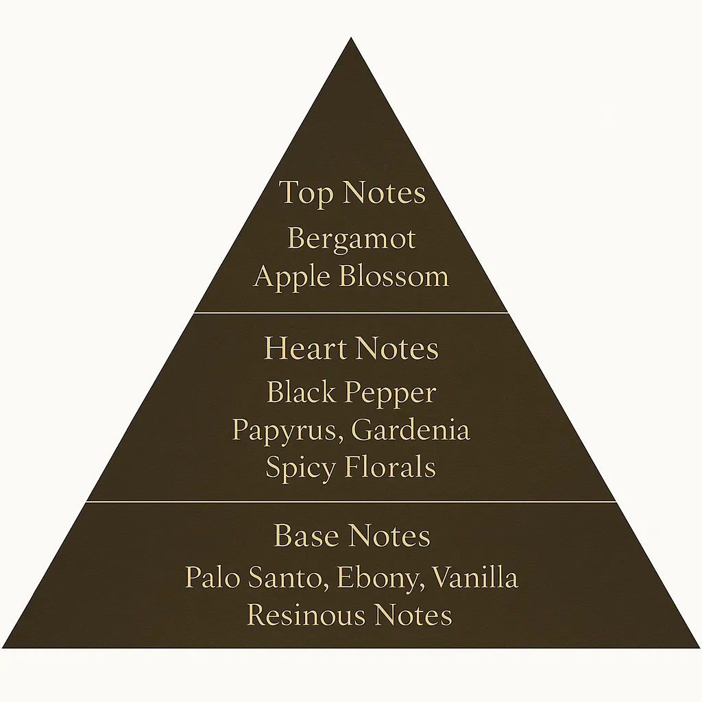 Billie Eilish Fragrance Buying Guide diagram of Eilish No. 2 perfume pyramid with top notes of bergamot and apple blossom, heart notes of black pepper, papyrus, gardenia, and spicy florals, and base notes of palo santo, ebony, vanilla, and resinous notes.