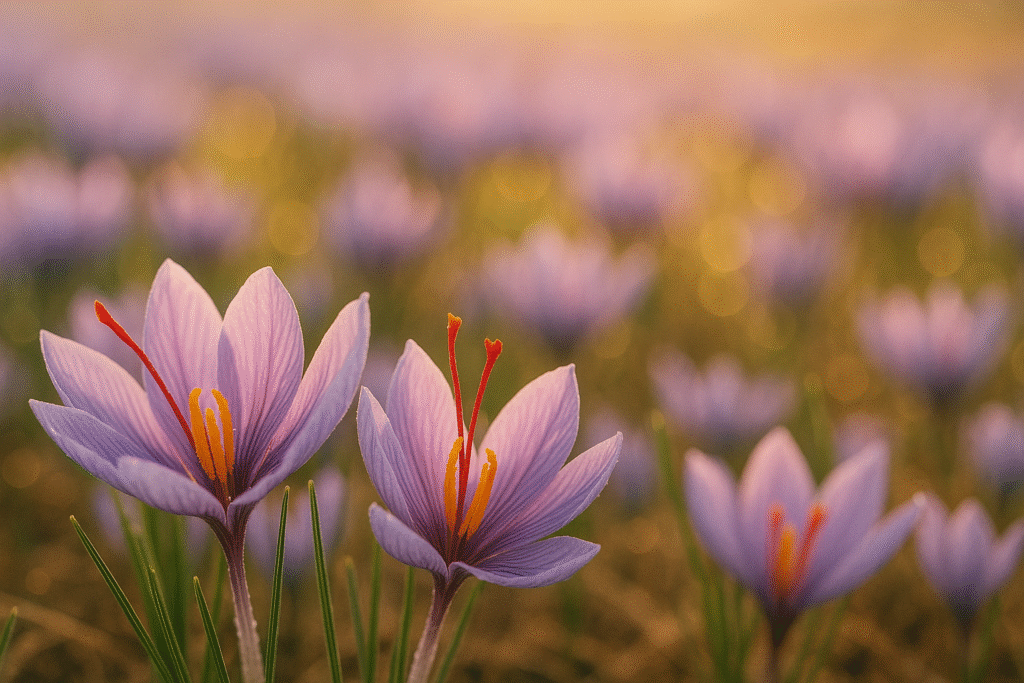 Crocus sativus flowers with vivid red saffron stigmas in morning light, showing what is saffron in perfumery and its natural origin.