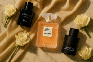 Flat lay of Dior Sauvage Elixir, Chanel Coco Mademoiselle, and Tom Ford Ombre Leather on marble with silk and roses – How To Make Your Perfume Last Longer