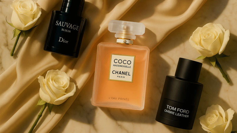 Flat lay of Dior Sauvage Elixir, Chanel Coco Mademoiselle, and Tom Ford Ombre Leather on marble with silk and roses – How To Make Your Perfume Last Longer