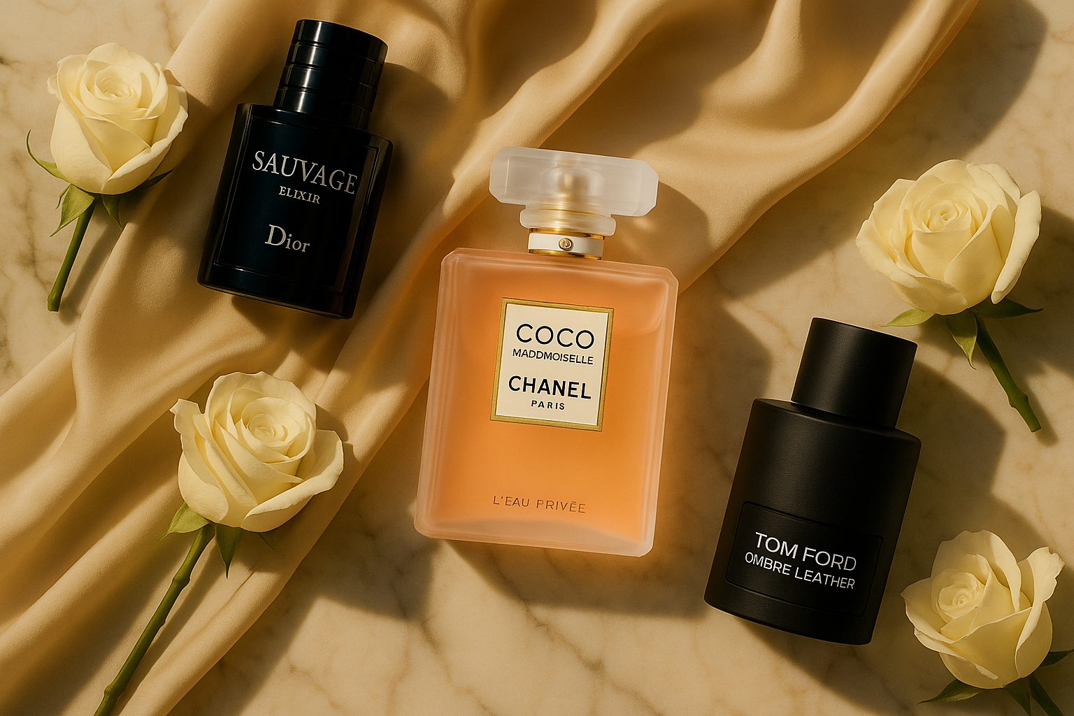 Flat lay of Dior Sauvage Elixir, Chanel Coco Mademoiselle, and Tom Ford Ombre Leather on marble with silk and roses – How To Make Your Perfume Last Longer