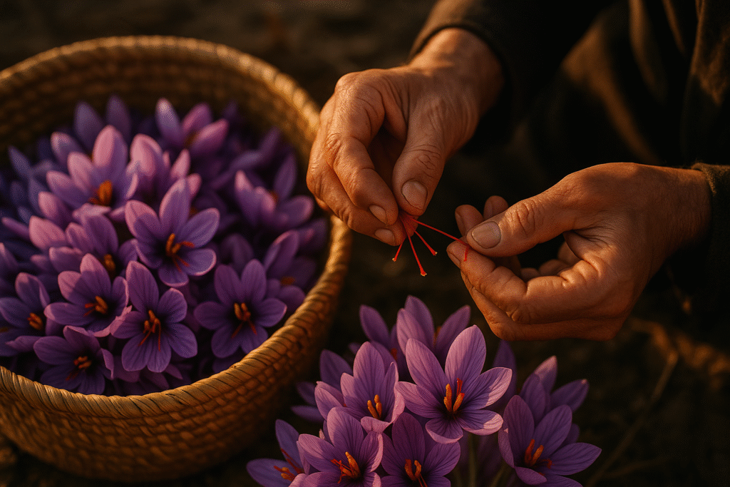 Hands plucking red saffron stigmas from Crocus flowers into a basket, showing why saffron in perfumery is so rare and expensive.