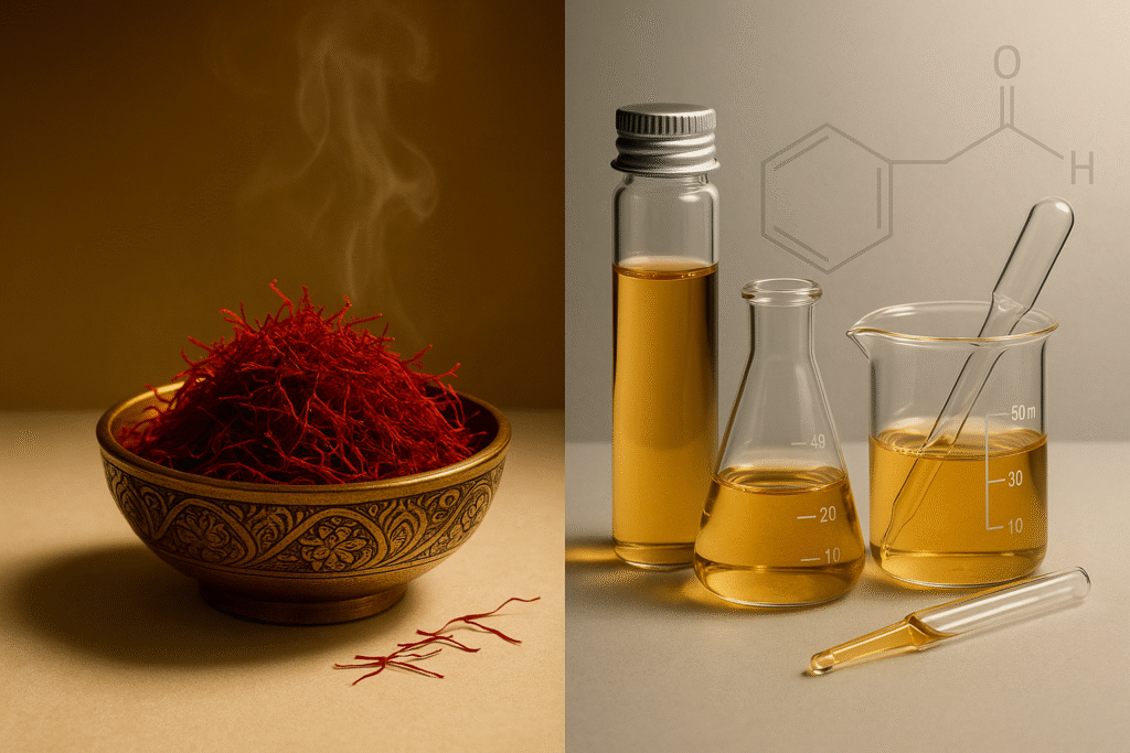 Split still-life showing natural saffron threads in a brass bowl and laboratory glassware with saffron molecules, symbolizing natural vs synthetic saffron in perfumery.