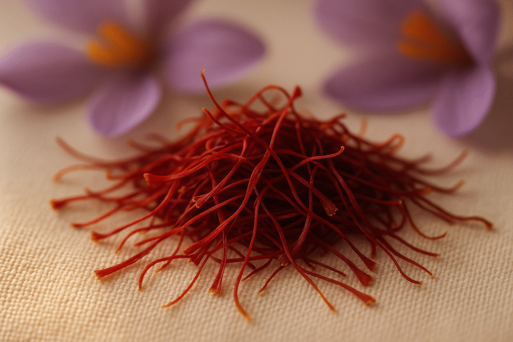 Macro photo of saffron threads on ivory linen with Crocus petals, illustrating what is saffron in perfumery as red gold.