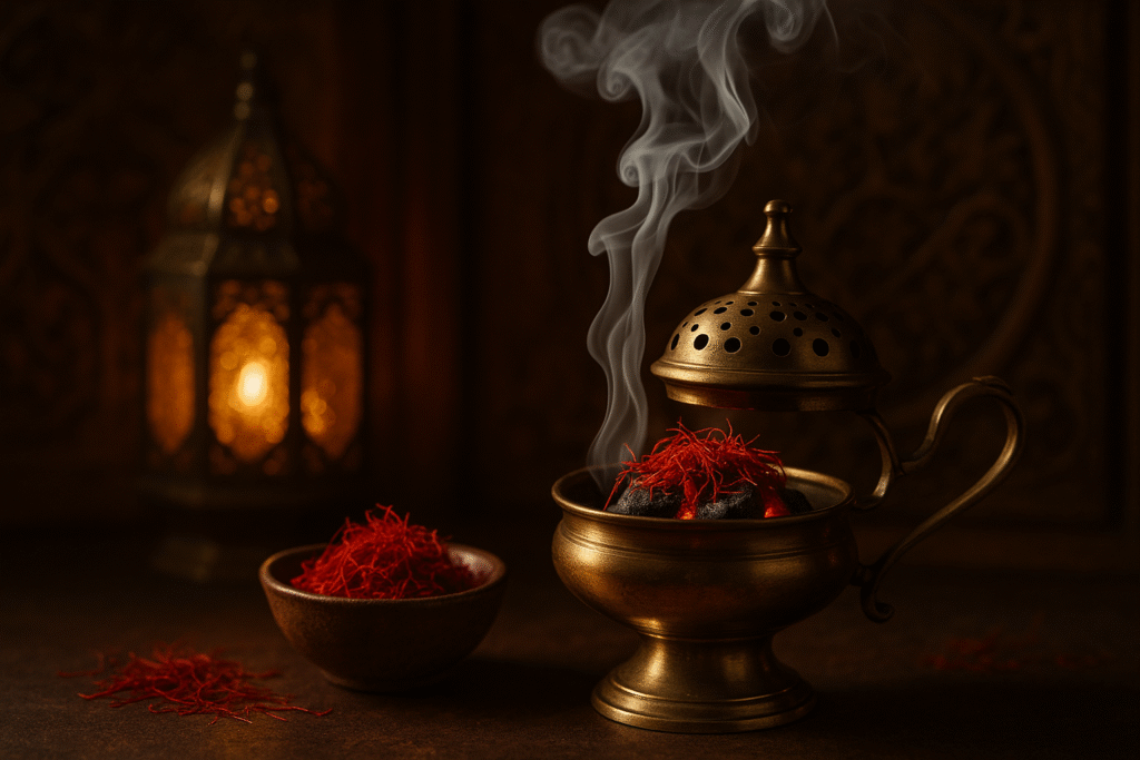 Brass incense burner with saffron threads releasing smoke, symbolizing saffron’s historical and cultural use in rituals and perfumery.