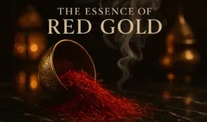Luxury still-life of saffron threads spilling from a brass bowl on black marble with incense smoke, illustrating what is saffron in perfumery.