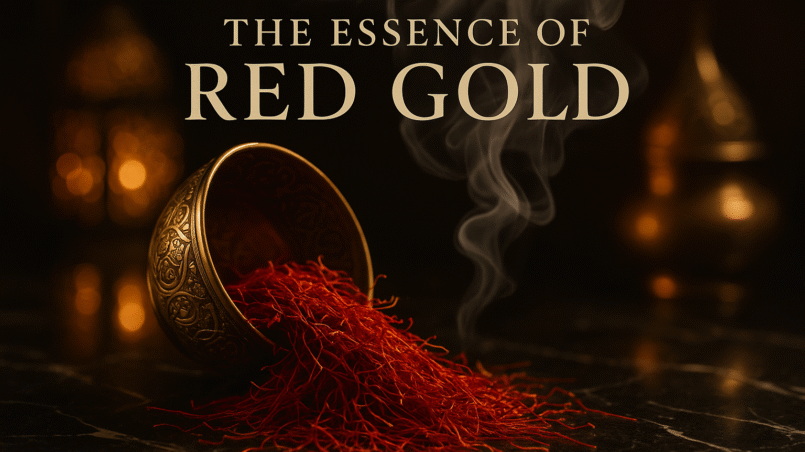 Luxury still-life of saffron threads spilling from a brass bowl on black marble with incense smoke, illustrating what is saffron in perfumery.
