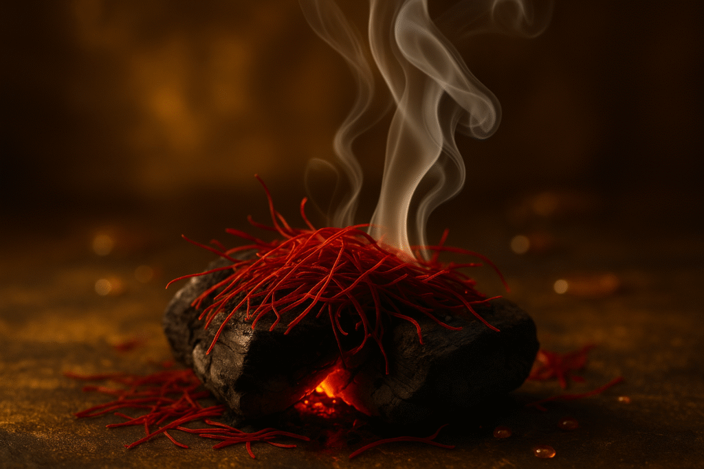 Saffron threads smoldering on charcoal with incense smoke and golden light, symbolizing what saffron in perfumery smells like.