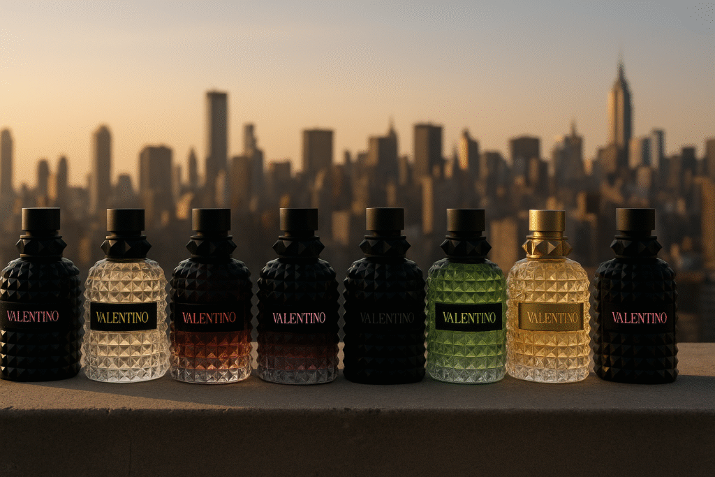 Lineup of Valentino Born in Roma fragrances for men against an urban skyline.