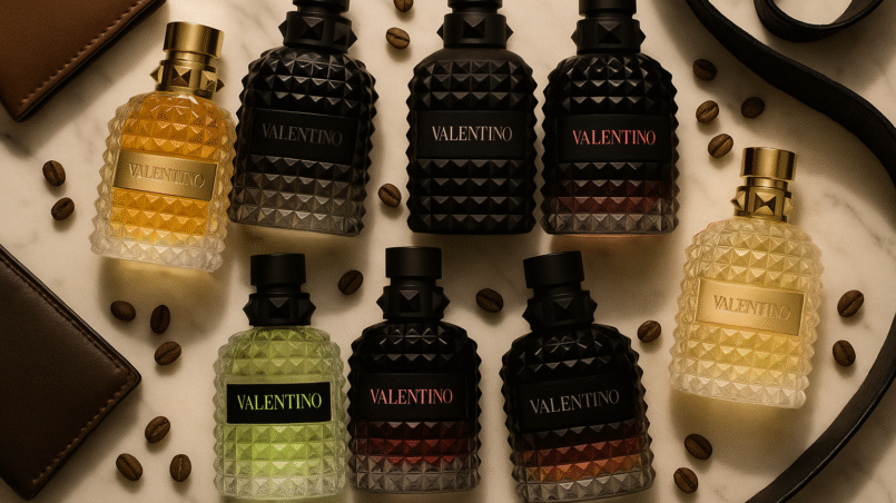 Valentino Perfumes Buying Guide for Men featuring Uomo, Uomo Intense, Uomo Noir Absolu, and Born in Roma fragrances in a luxury flat lay.