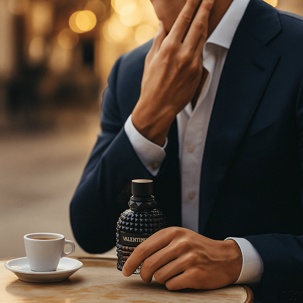 Stylish man in a navy suit wearing Valentino fragrance at an Italian café.