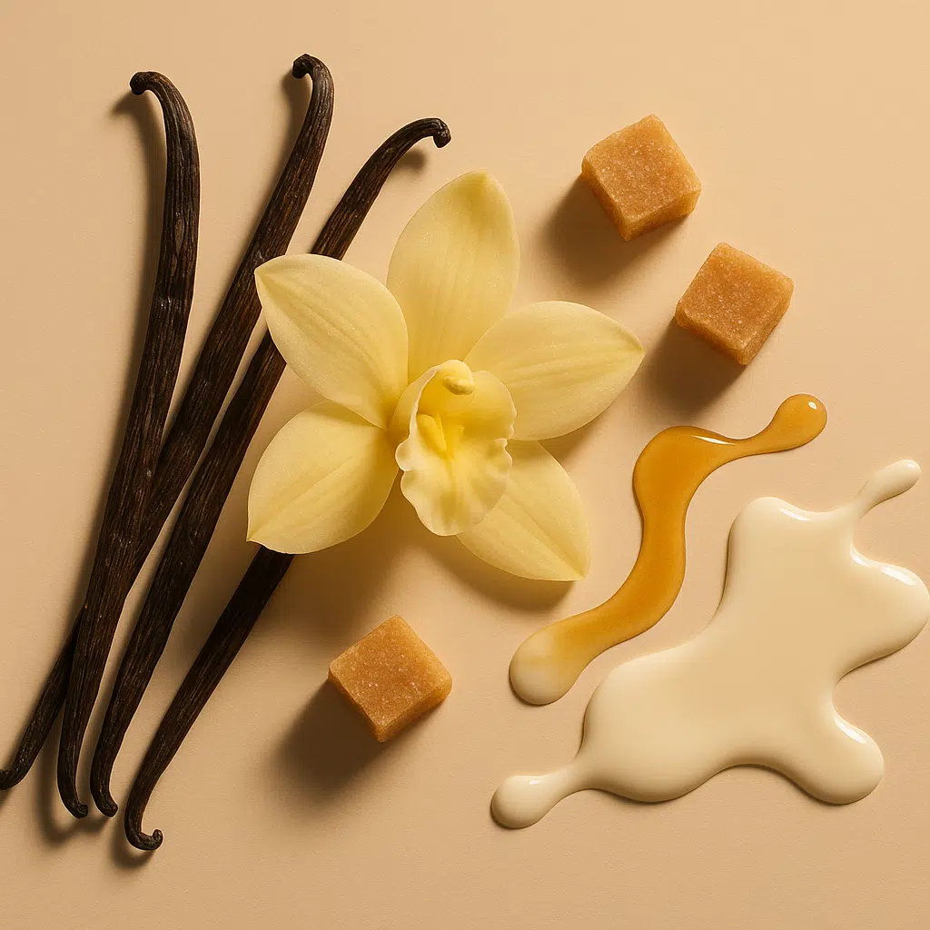 Best Vanilla Perfumes for Women – vanilla pods, orchid flower, caramel, honey, and creamy textures representing vanilla in perfumery.