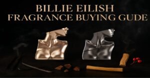 Billie Eilish Fragrance Buying Guide header with Eilish No. 1 gold bottle and Eilish No. 2 silver bottle, surrounded by vanilla, cocoa, sandalwood, and berries.