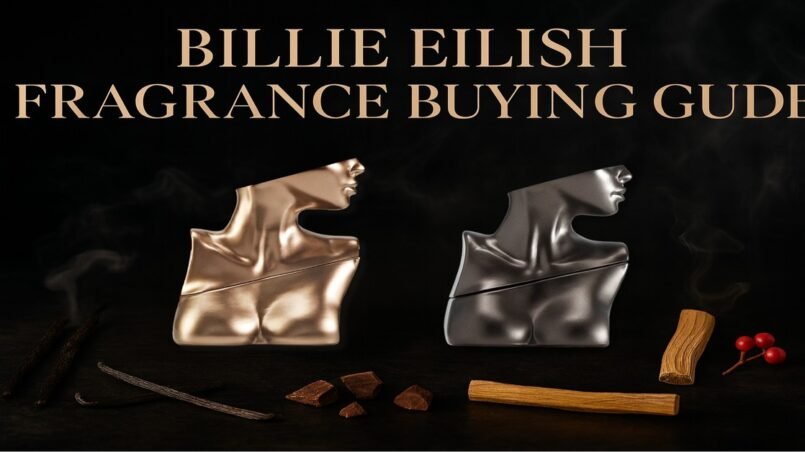 Billie Eilish Fragrance Buying Guide header with Eilish No. 1 gold bottle and Eilish No. 2 silver bottle, surrounded by vanilla, cocoa, sandalwood, and berries.