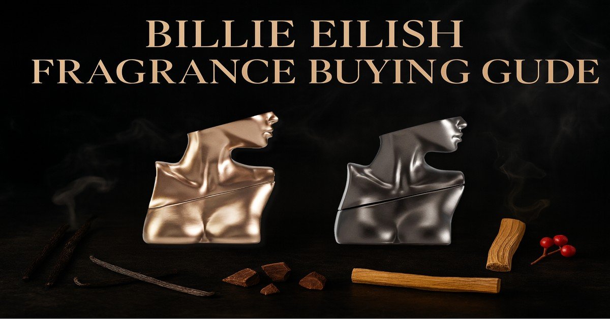 Billie Eilish Fragrance Buying Guide header with Eilish No. 1 gold bottle and Eilish No. 2 silver bottle, surrounded by vanilla, cocoa, sandalwood, and berries.