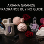 Header image for Ariana Grande Fragrance Buying Guide showing Cloud, Cloud Pink, Sweet Like Candy, R.E.M., and God Is A Woman bottles on a black marble surface with vanilla pods, berries, and roses.