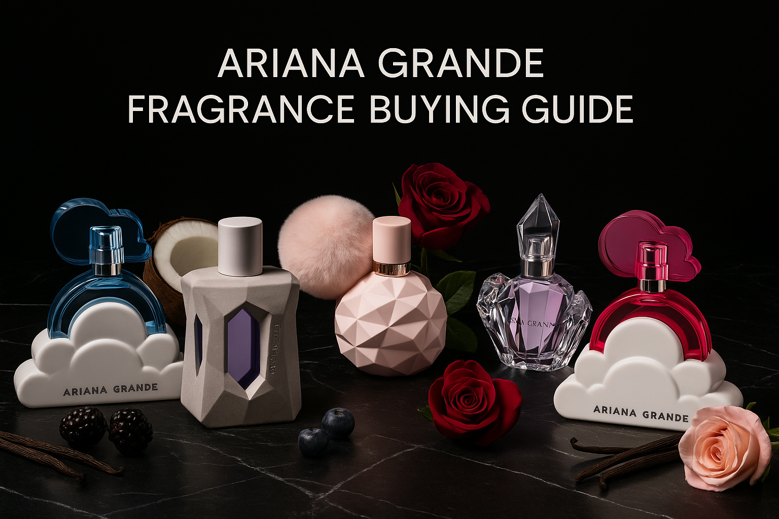 Header image for Ariana Grande Fragrance Buying Guide showing Cloud, Cloud Pink, Sweet Like Candy, R.E.M., and God Is A Woman bottles on a black marble surface with vanilla pods, berries, and roses.