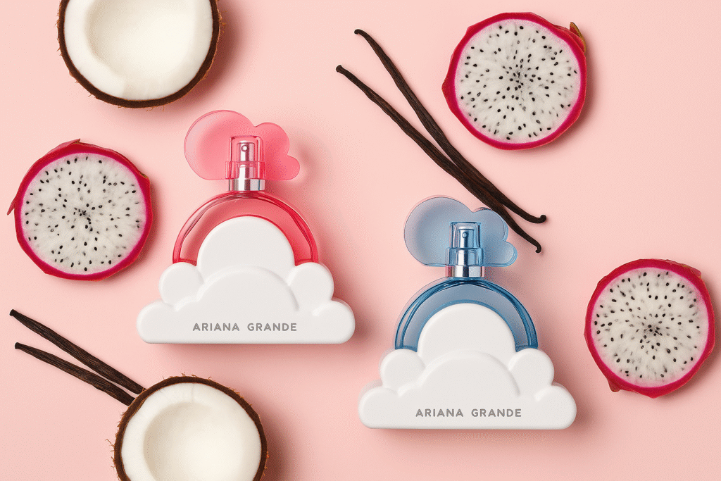 Flat lay of Ariana Grande Cloud and Cloud Pink perfume bottles with coconuts, vanilla pods, and dragon fruit on a soft pink background.