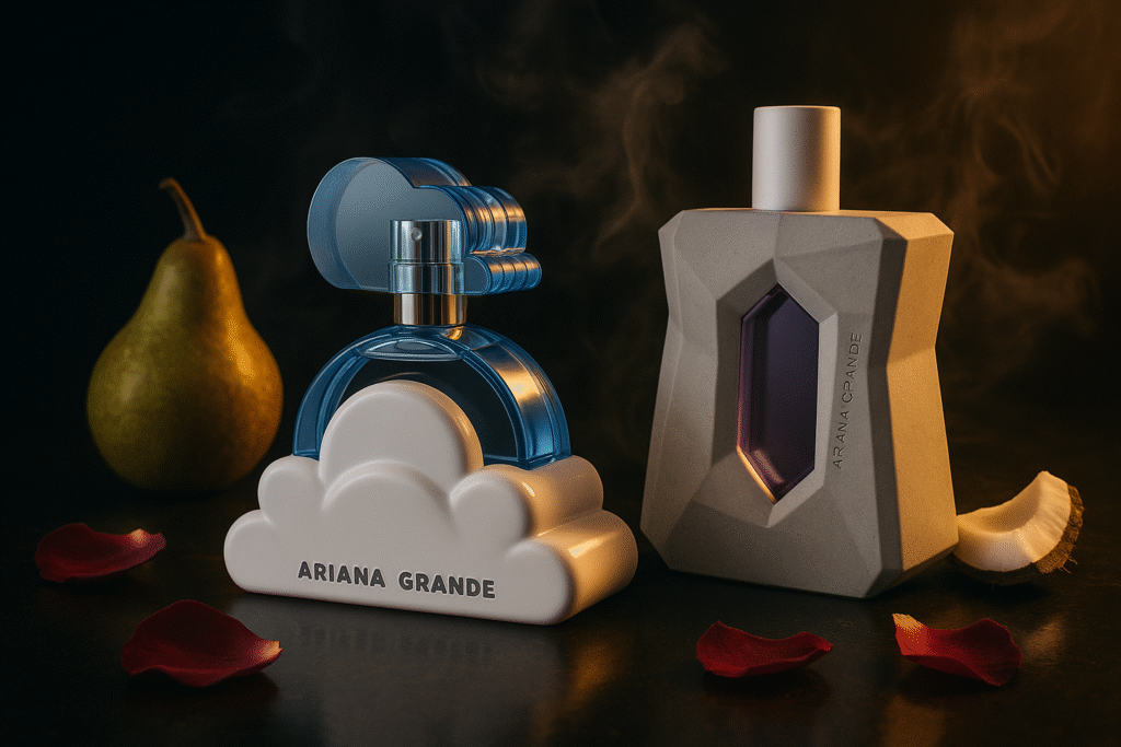 Editorial image of Ariana Grande Cloud and God Is A Woman perfumes placed on a reflective dark surface with pear, rose petals, and coconut.