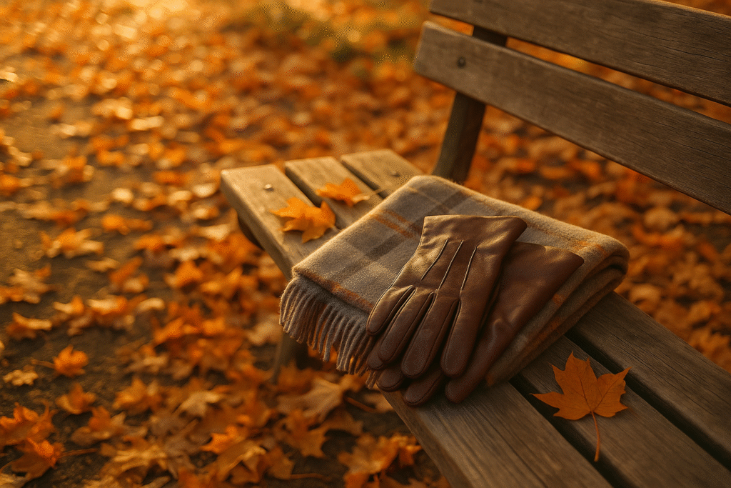 Autumn leaves with leather gloves and a wool scarf, symbolizing fall and winter as the best seasons for spicy perfumes for men.