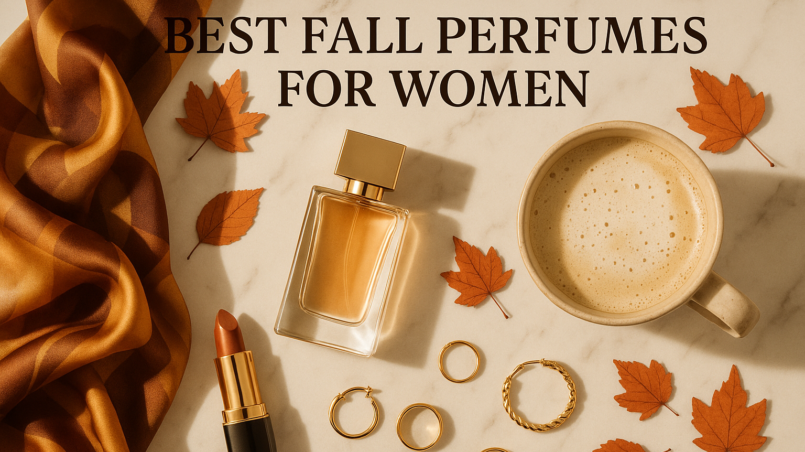 Flat lay of best fall perfumes for women with scarf, coffee, and autumn leaves.