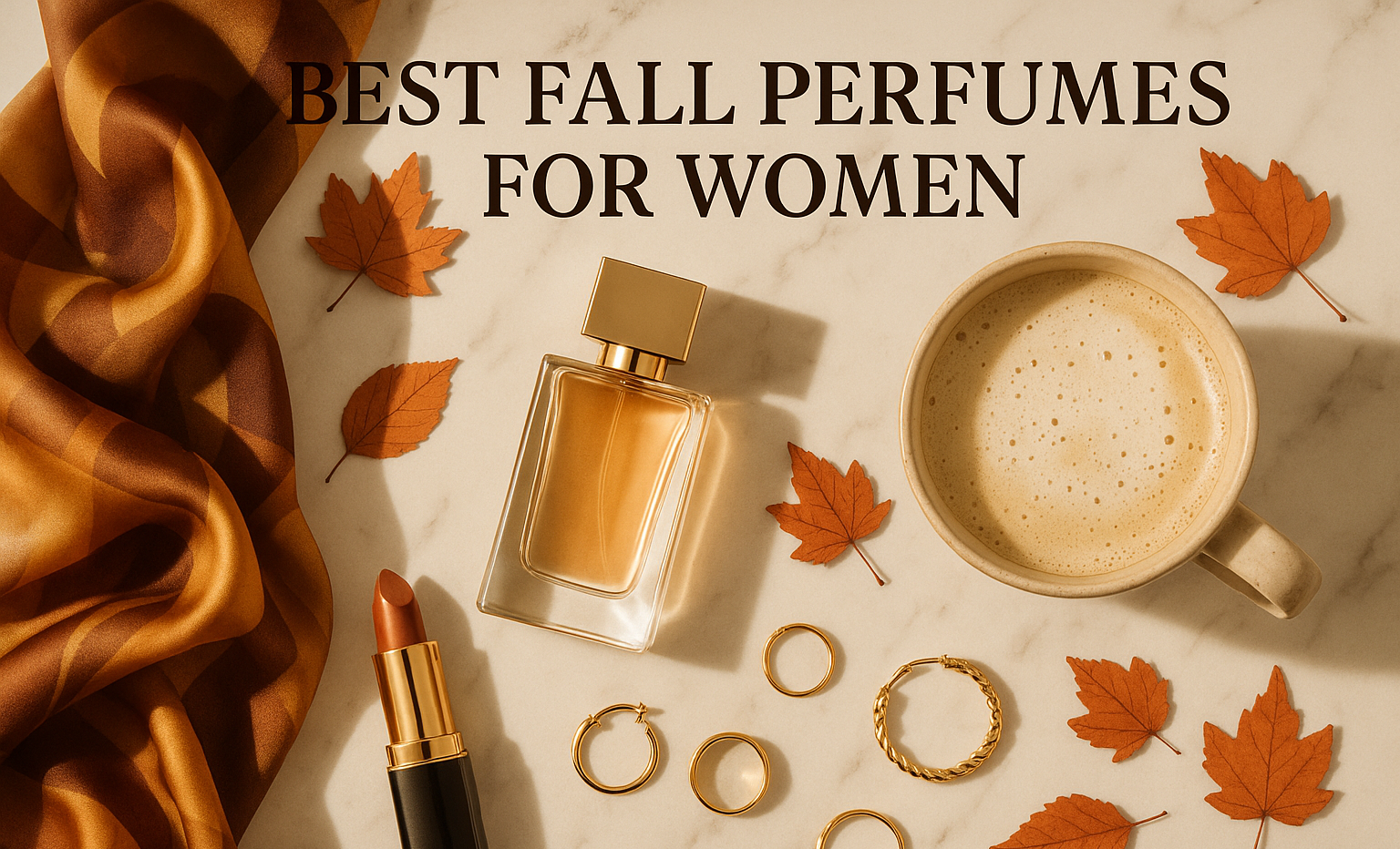 Flat lay of best fall perfumes for women with scarf, coffee, and autumn leaves.