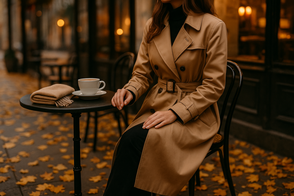 Woman in trench coat at outdoor café in autumn, representing the best fall perfumes for women.