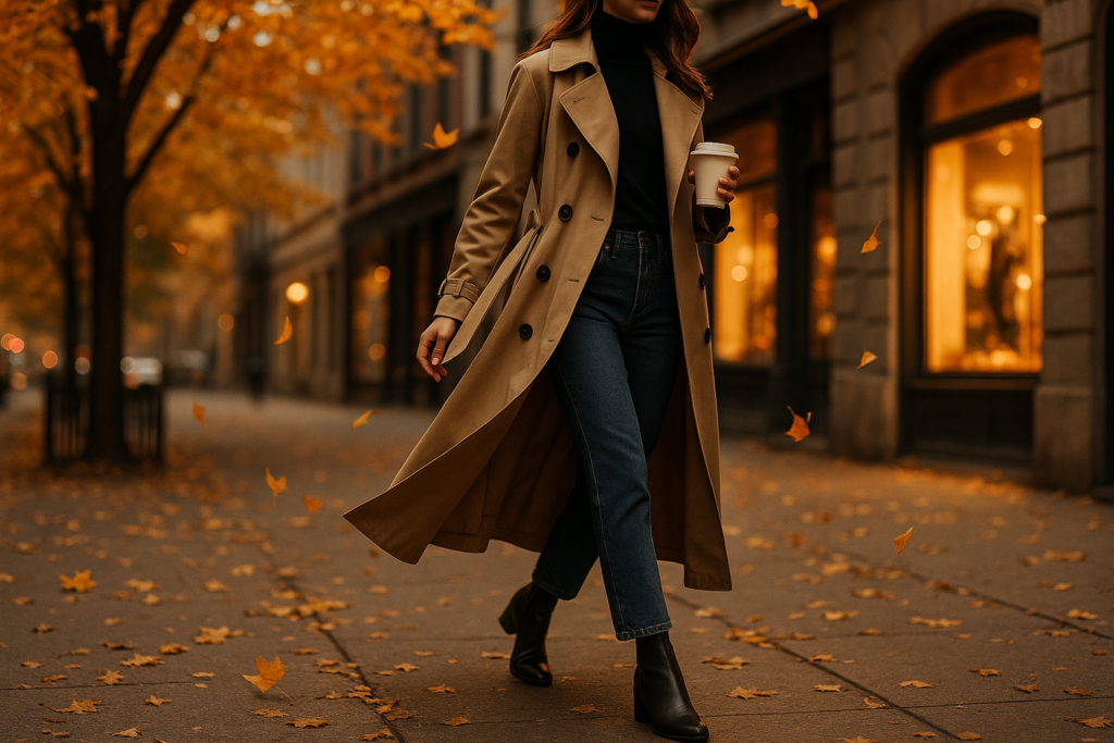 Woman in trench coat walking in autumn city street with coffee, representing the best fall perfumes for women.