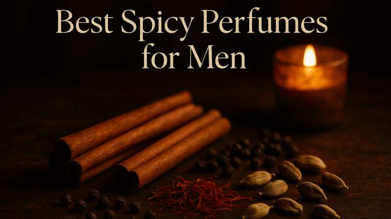 Cinnamon, saffron, pepper, and cardamom on a wooden table with candlelight, header image for best spicy perfumes for men.
