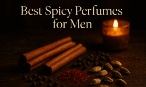 Cinnamon, saffron, pepper, and cardamom on a wooden table with candlelight, header image for best spicy perfumes for men.
