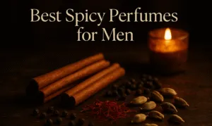 Cinnamon, saffron, pepper, and cardamom on a wooden table with candlelight, header image for best spicy perfumes for men.