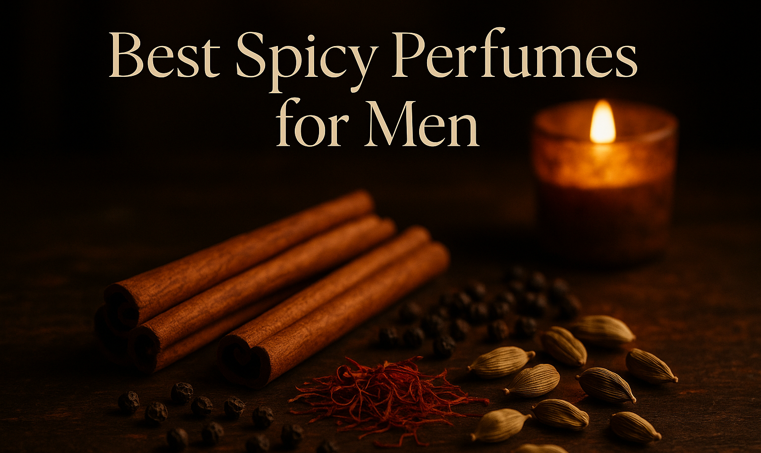 Cinnamon, saffron, pepper, and cardamom on a wooden table with candlelight, header image for best spicy perfumes for men.