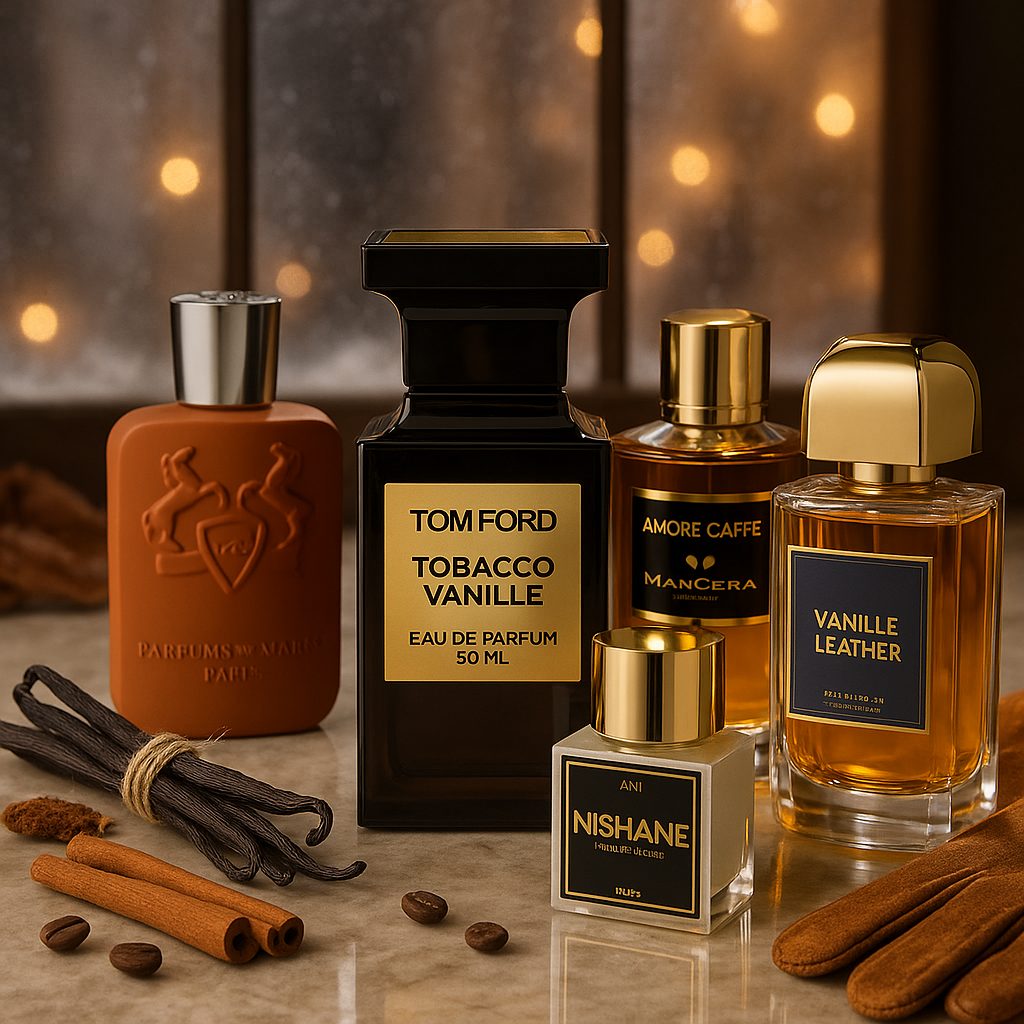 Editorial still life with vanilla pods, coffee beans, tobacco leaves, cinnamon sticks, and suede styled on marble with a snowy background.