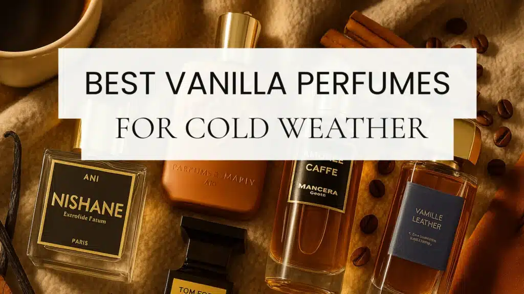 Flat lay of Tom Ford Tobacco Vanille, Parfums de Marly Althaïr, Nishane Ani, Mancera Amore Caffè, and BDK Vanille Leather on wool fabric with vanilla pods and coffee beans.