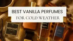 Flat lay of Tom Ford Tobacco Vanille, Parfums de Marly Althaïr, Nishane Ani, Mancera Amore Caffè, and BDK Vanille Leather on wool fabric with vanilla pods and coffee beans.