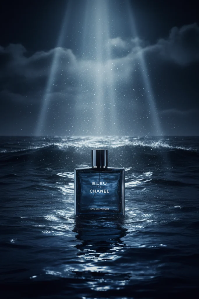An image of flue de chanel Eau de Parfum in the middle of the ocean
