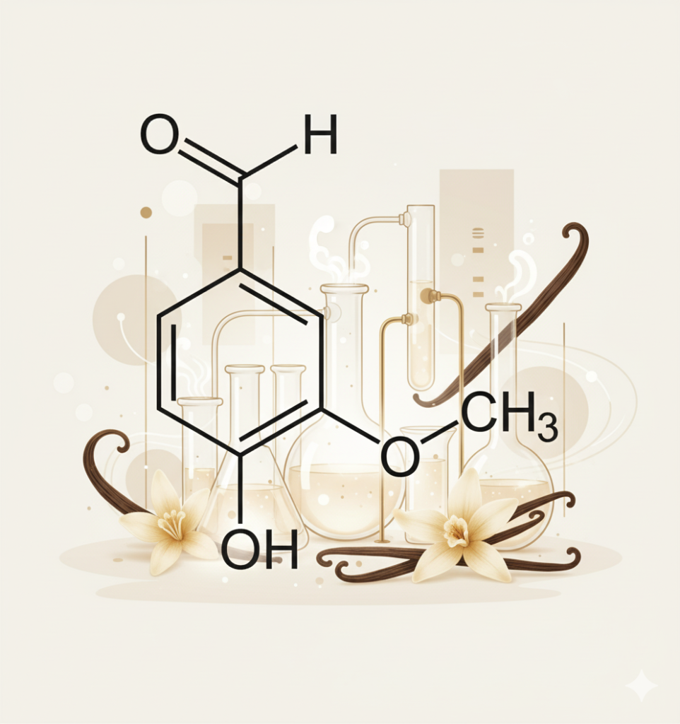 Illustration of vanillin molecule with vanilla pods and glassware.