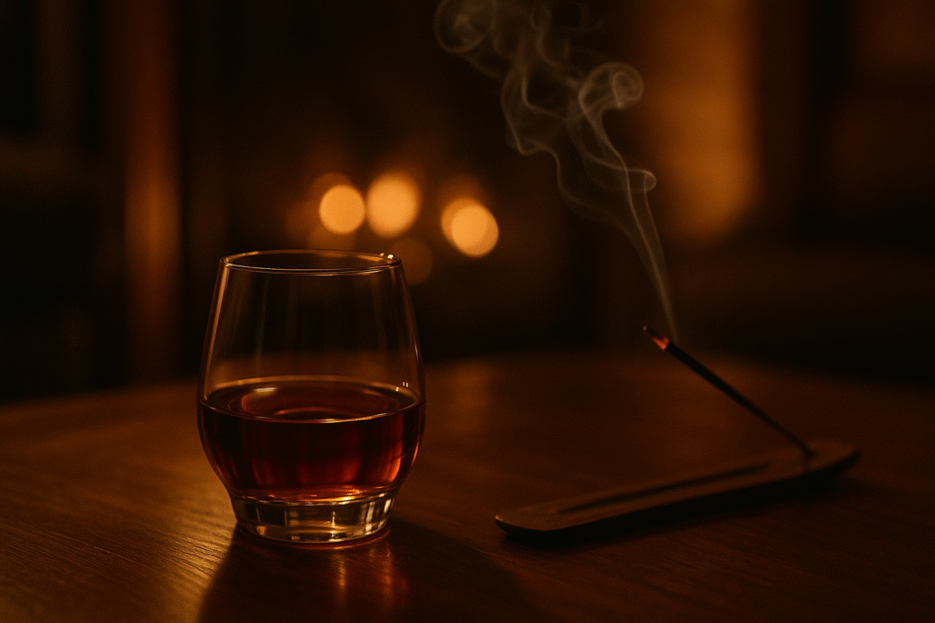 Glass of amber rum with incense smoke in warm dim lighting, evoking the cozy allure of spicy perfumes for men.