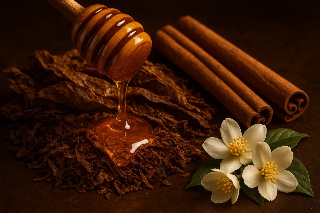 Honey dripping on tobacco leaves with jasmine and cinnamon in Xerjoff Naxos