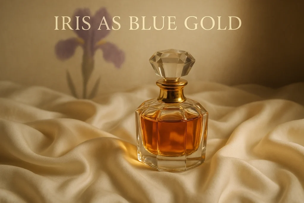 What is iris in perfumery represented with luxury perfume bottle resting on soft powdery fabric