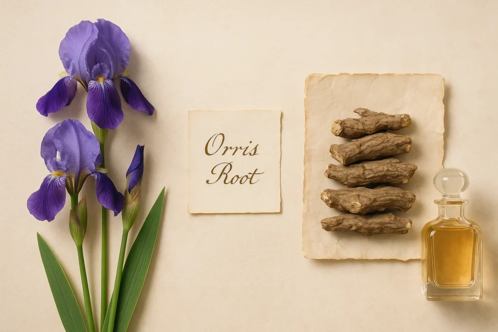 What is iris in perfumery shown with iris flowers and dried orris rhizomes on parchment background