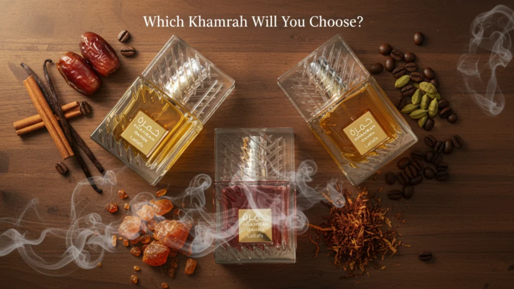 Lataffa Khamrah perfume bottles with spices, coffee, and incense smoke