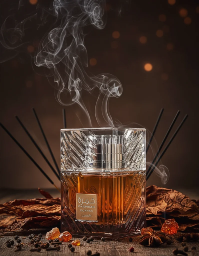 Lataffa Khamrah Dukhan perfume with incense smoke and amber resin